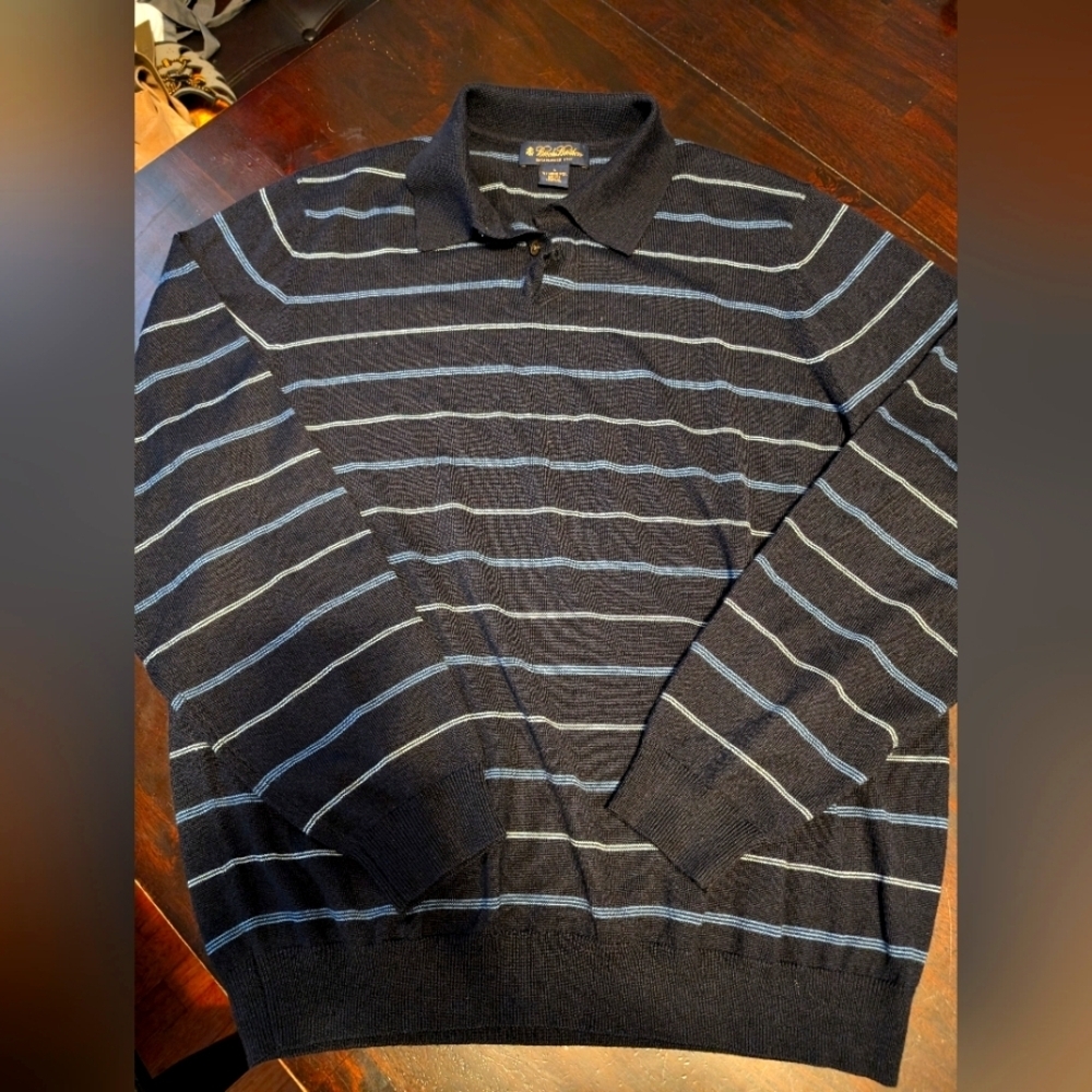 Brooks Brothers Merino Wool/Silk Blend Collared Sweater, Large, Navy/Blue Stripe